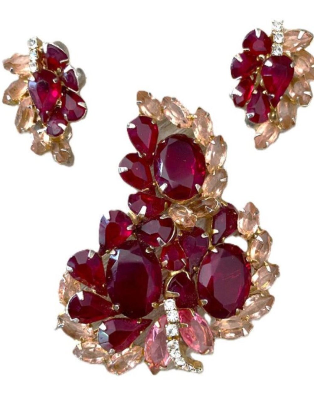 Vintage Ruby Red & Champagne Rhinestone Brooch Earrings Brooch Set